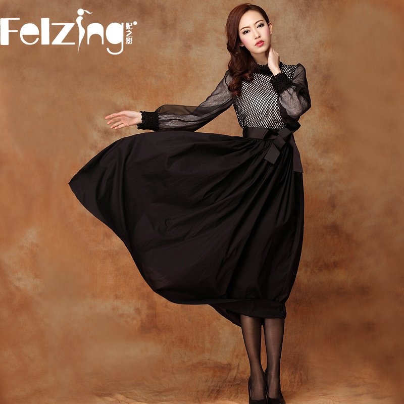 2013 spring women's elegant formal stand collar long-sleeve gauze patchwork expansion bottom full dress one-piece dress