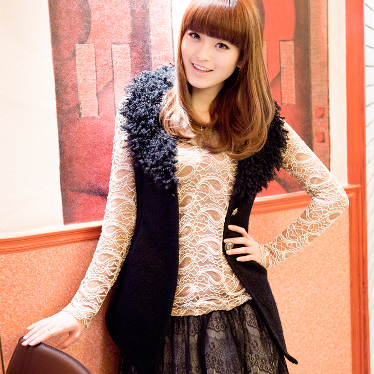 2013 spring women's fashion autumn slim fur collar woolen vest 110201