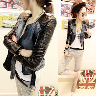 2013 spring  women's fashion cardigan casual patchwork leather slim zipper denim coat short jacket