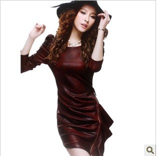 2013 spring women's fashion leather puff sleeve pleated slim hip elegant long-sleeve dress female