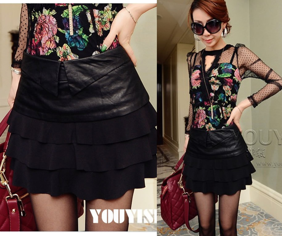 2013 spring women's fashion patchwork layers of stacked layered dress bust skirt short skirt leather skirt