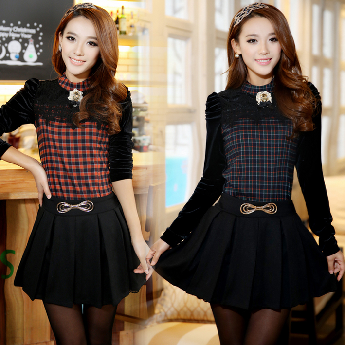 2013 spring women's fashion plaid twinset patchwork set skirt fashion brooch