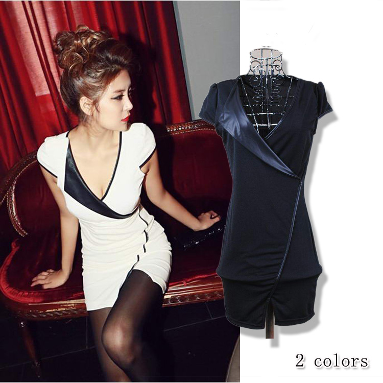 2013 spring women's fashion sexy 860161 V-neck leather patchwork short-sleeve dress slim