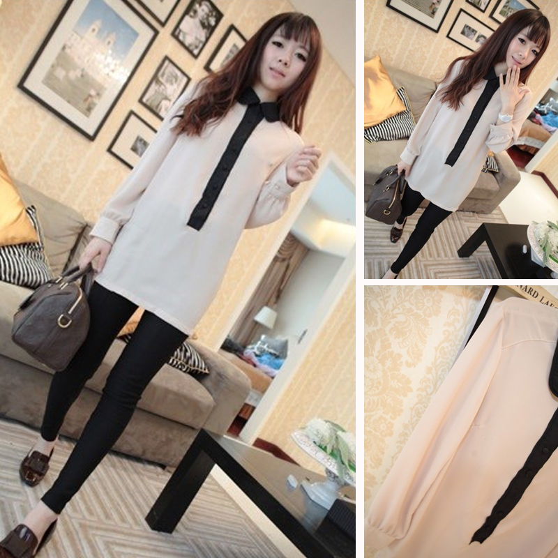 2013 spring women's fashion vintage peter pan collar medium-long casual long-sleeve chiffon shirt