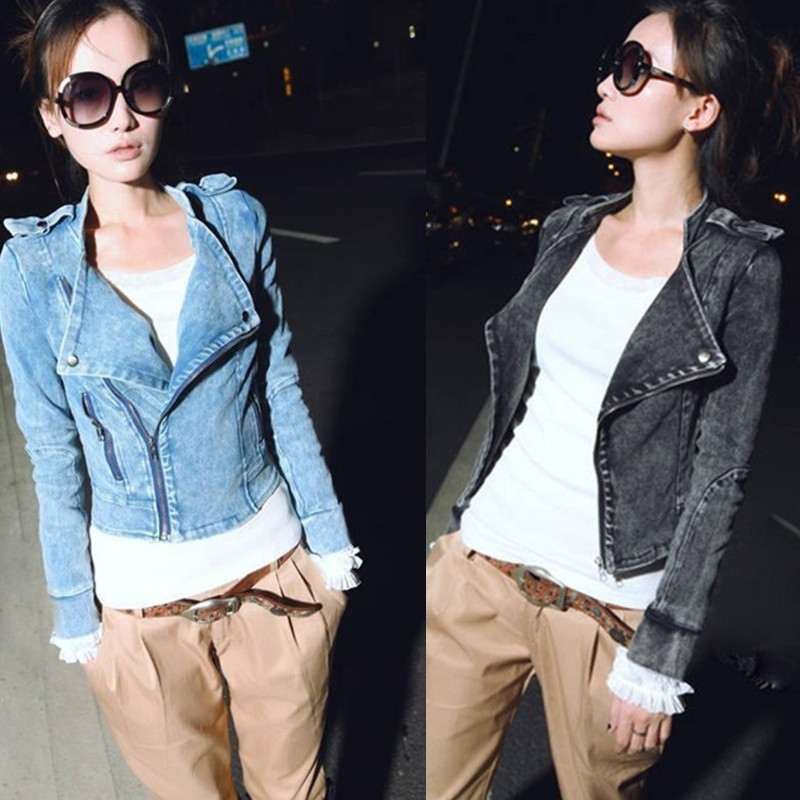 2013 spring women's fashion water wash motorcycle paragraph zipper slim long-sleeve casual denim short jacket