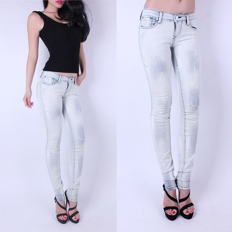 2013 spring women's fashion wearing white painted elastic tight skinny low-waist pants pencil pants jeans