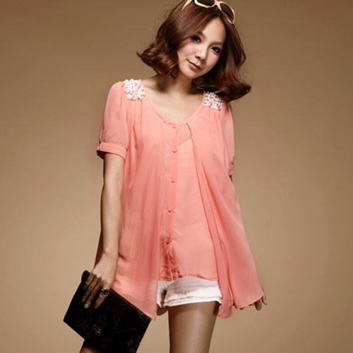 2013 spring women's faux two piece pearl short-sleeve o-neck chiffon shirt (WC074)