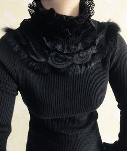 2013 spring women's fur collar slim medium-long lace turtleneck sweater basic shirt sweater