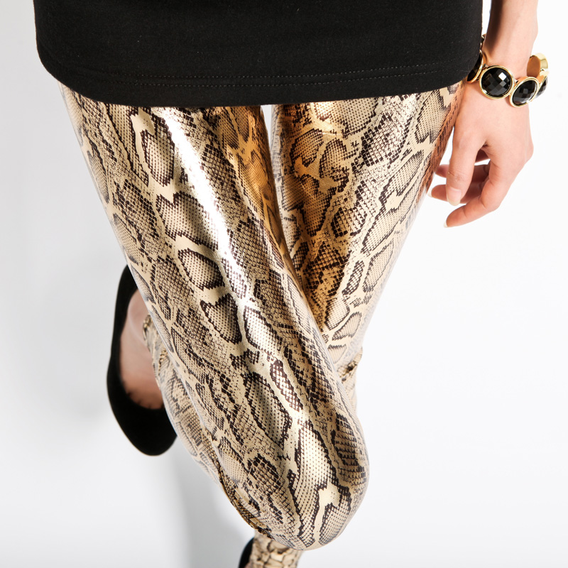 2013 spring women's gold serpentine pattern faux leather female ankle length leggings