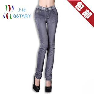 2013 spring women's high waist pencil jeans elastic lace trousers grey new arrival