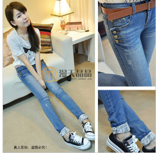 2013 spring women's jeans female pocket buckle elastic skinny pants pencil pants Women