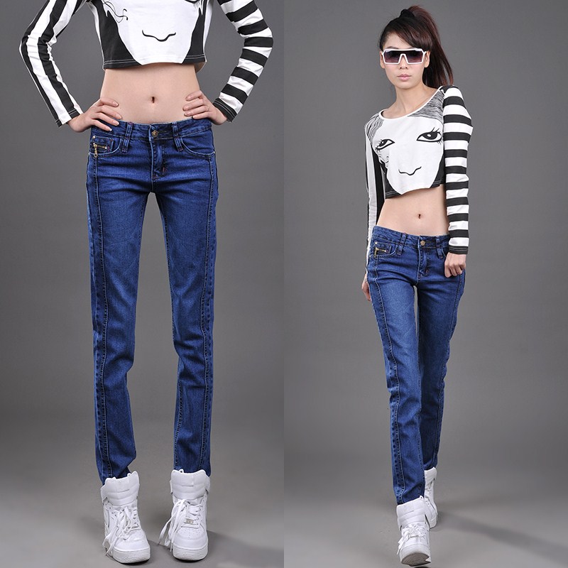 2013 spring women's jeans female straight pants long trousers elastic slim mid waist free shipping