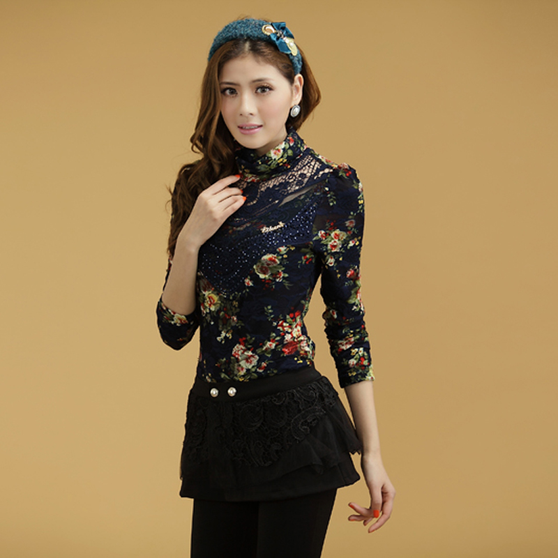 2013 spring women's lace turtleneck slim personalized long-sleeve basic shirt top