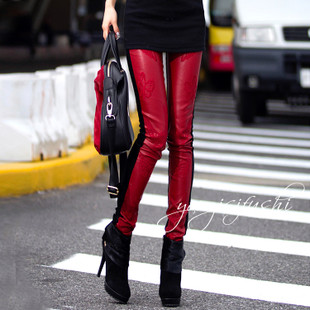 2013 spring women's leather pants maroon butterfly embroidery leather black velvet basic