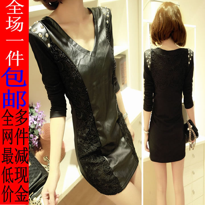 2013 spring women's leather skirt slim basic long-sleeve slim hip skirt one-piece dress