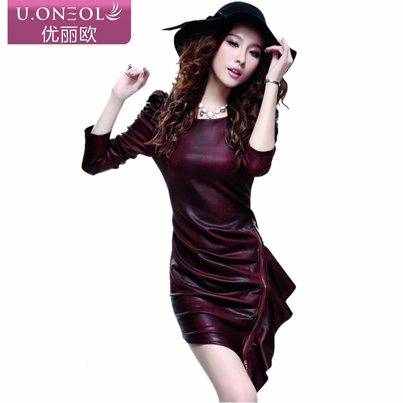 2013 spring women's leather slim hip slim basic long-sleeve dress