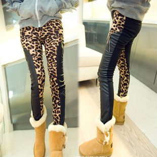 2013 spring women's leopard print patchwork leather trousers thickening tights women's legging