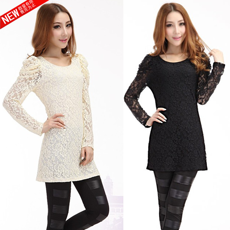 2013 spring women's long design lace basic shirt puff sleeve plus size long-sleeve T-shirt