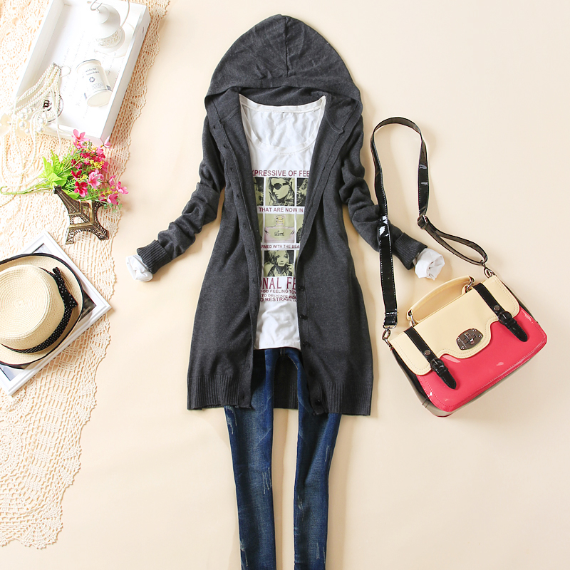 2013 spring women's long-sleeve knitted outerwear medium-long hooded cardigan sweater ww9019