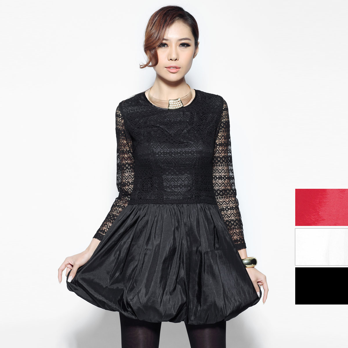 2013 spring women's long-sleeve o-neck crotch lace patchwork patent leather one-piece dress