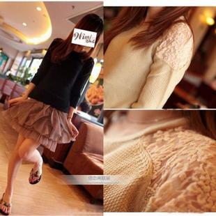 2013 spring women's long-sleeve o-neck lace back cutout knitted basic shirt sweater (WC005)