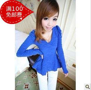 2013 spring women's long-sleeve V-neck slim waist elegant top shirt