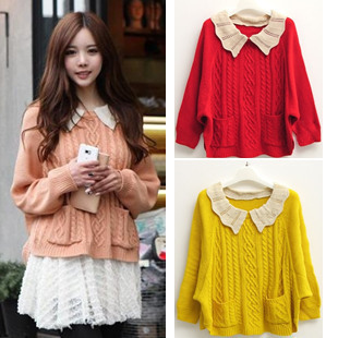 2013 spring women's loose outerwear vintage peter pan collar twisted sweater