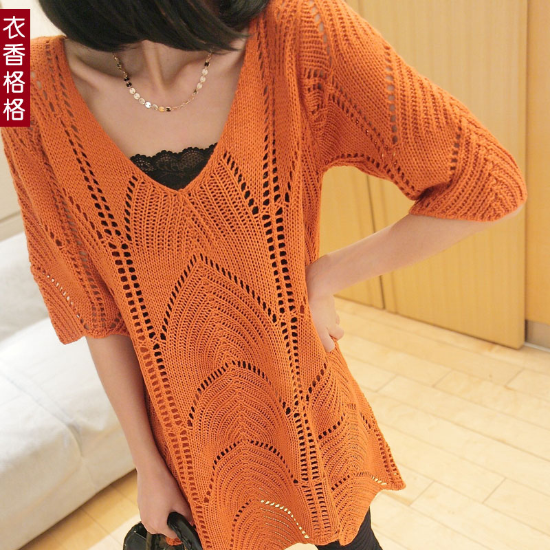 2013 spring women's medium-long loose plus size half sleeve V-neck cutout wool sweater Free Shipping