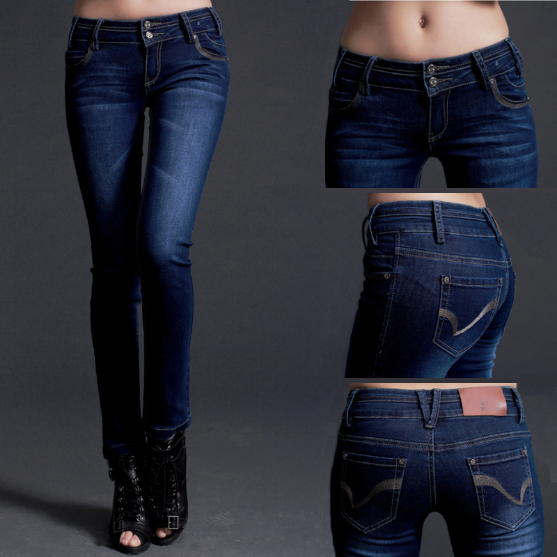 2013 spring women's mid waist slim breasted elastic water wash skinny jeans pants