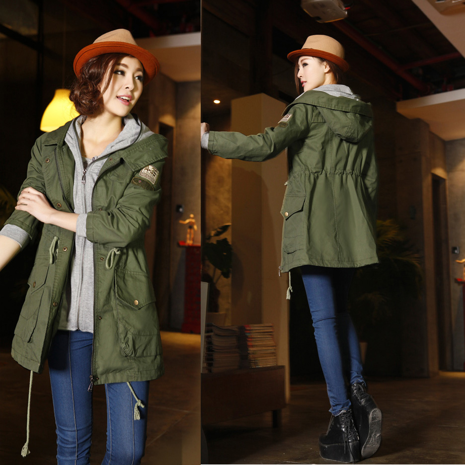 2013 spring women's military casual all-match with a hood trench outerwear long design