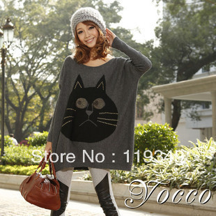 2013 spring women's new arrival batwing shirt Loose plus size beaded Cat sweater Fashion Pullover Knitwear Tops