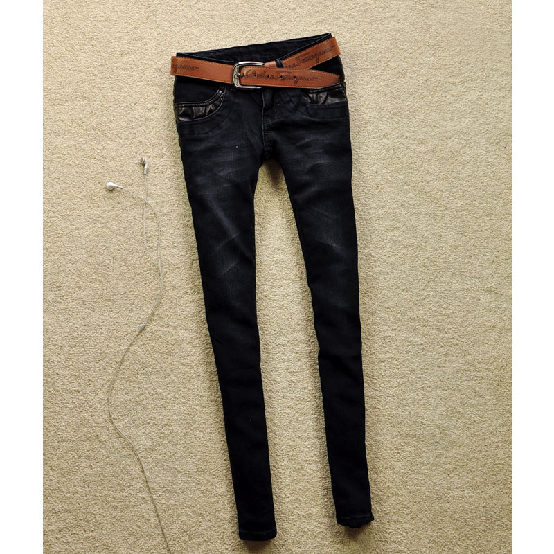 2013 spring women's new arrival black denim trousers jeans leather pocket pencil skinny pants