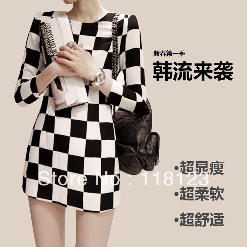 2013 spring women's OL elegant slim one-piece dress black and white plaid wrist-length sleeve slim hip skirt free shipping