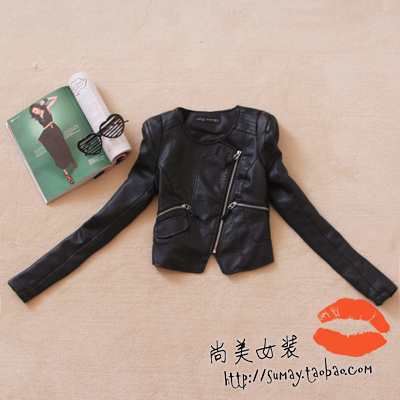 2013 spring women's outerwear fashion o-neck slim short design motorcycle small leather clothing jacket 3