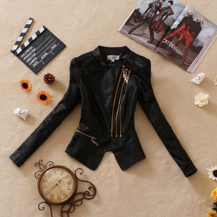 2013 spring women's outerwear ladies puff sleeve stand collar short design slim motorcycle leather clothing jacket