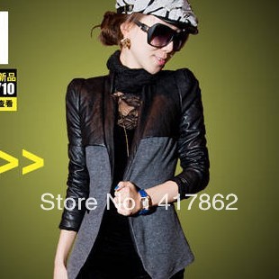 2013 spring women's patchwork leather short design thickening cotton-padded woolen outerwear elegant suit jacket