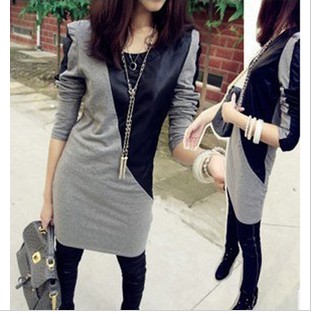 2013 spring women's patchwork leather small slim long design basic T-shirt long-sleeve shirt