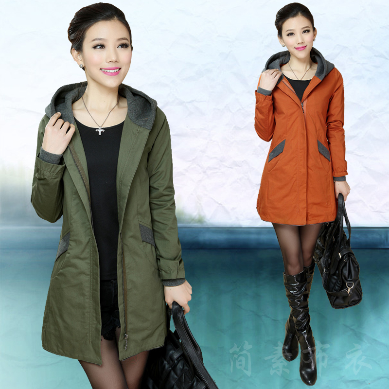 2013 spring women's plus size casual with a hood long-sleeve medium-long trench outerwear female Free Shipping