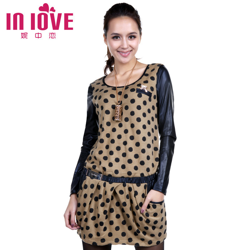 2013 spring women's polka dot leather patchwork low-waist elegant one-piece dress