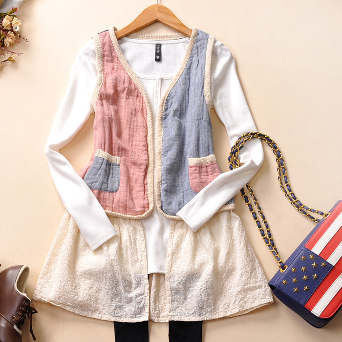 2013 spring women's preppy style medium-long patchwork vest female fashion vest 302q445