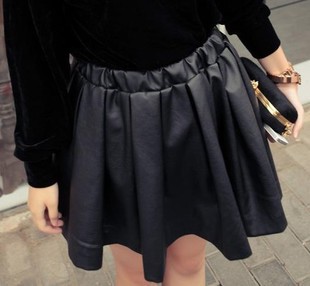 2013 spring women's PU girgashites pleated expansion bottom bust skirt high waist basic leather skirt