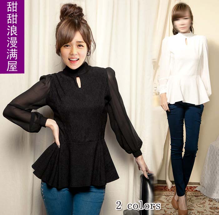 2013 spring women's r6618 sweet elegant back zipper stand collar small cymose bubble long-sleeve chiffon shirt