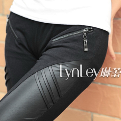 2013 spring women's safety pants black faux leather 100% cotton patchwork female ankle length leggings