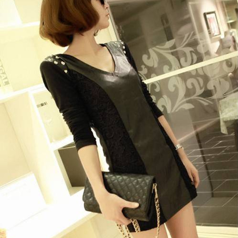 2013 spring women's sexy all-match slim hip long-sleeve V-neck gentlewomen leather skirt