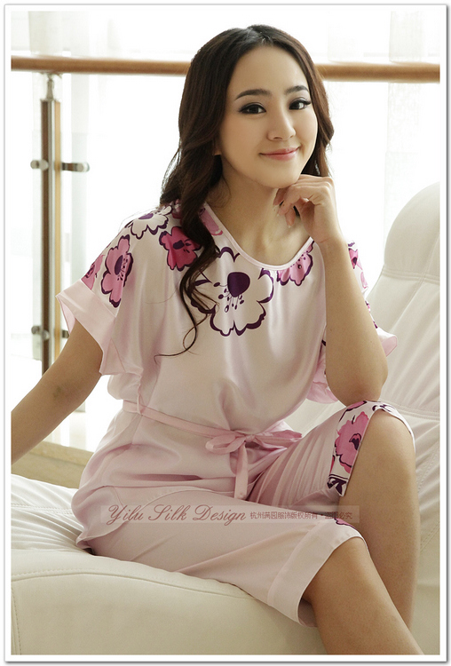 2013 spring women's short-sleeve silk sleepwear plus size women's faux silk underwear set 036