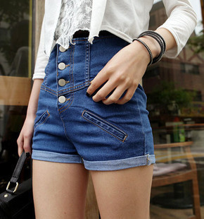 2013 spring women's single breasted high waist pants roll-up hem denim shorts trousers