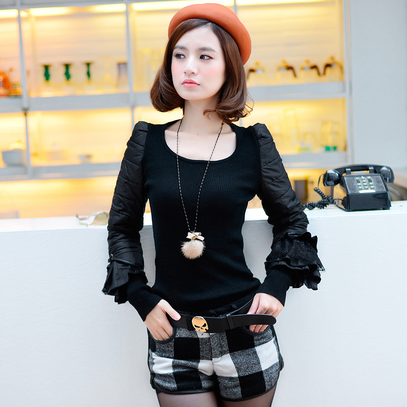 2013 spring women's sleeve o-neck pullover patchwork basic shirt flare sleeve slim basic sweater