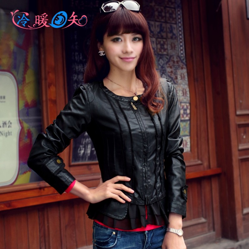 2013 spring women's slim chiffon laciness PU water washed leather clothing motorcycle short design leather clothing outerwear