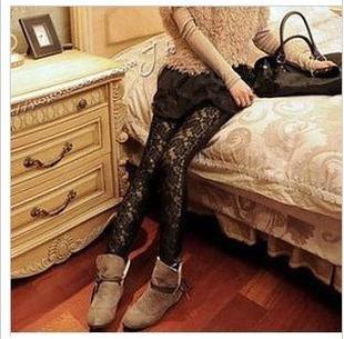 2013 spring women's slim faux leather patchwork lace cutout legging boot cut jeans 6011