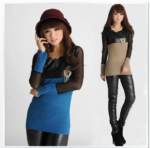 2013 spring women's slim gauze leather patchwork of wave long-sleeve slim hip one-piece dress